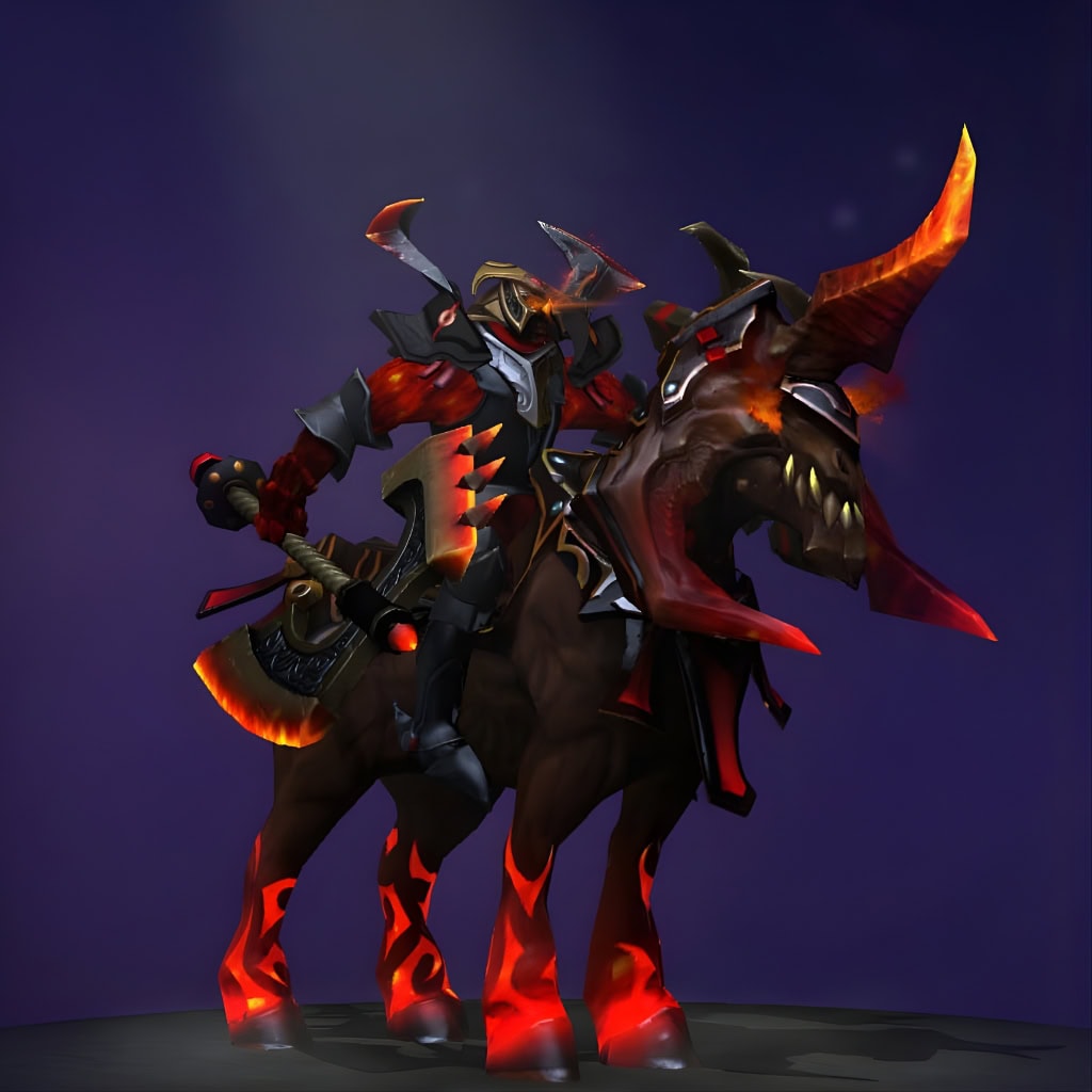 Chaos Knight's "Oni Knight the Dark Conqueror" The International 2016 Collector's Cache set. Features Chaos Knight as a fearsome samurai of the abyss, with an intimidating Oni mask, layered crimson and dark steel armor, and a brutal, spiked shield. His mount has massive, glowing horns, and he wields a colossal axe with a fiery edge.