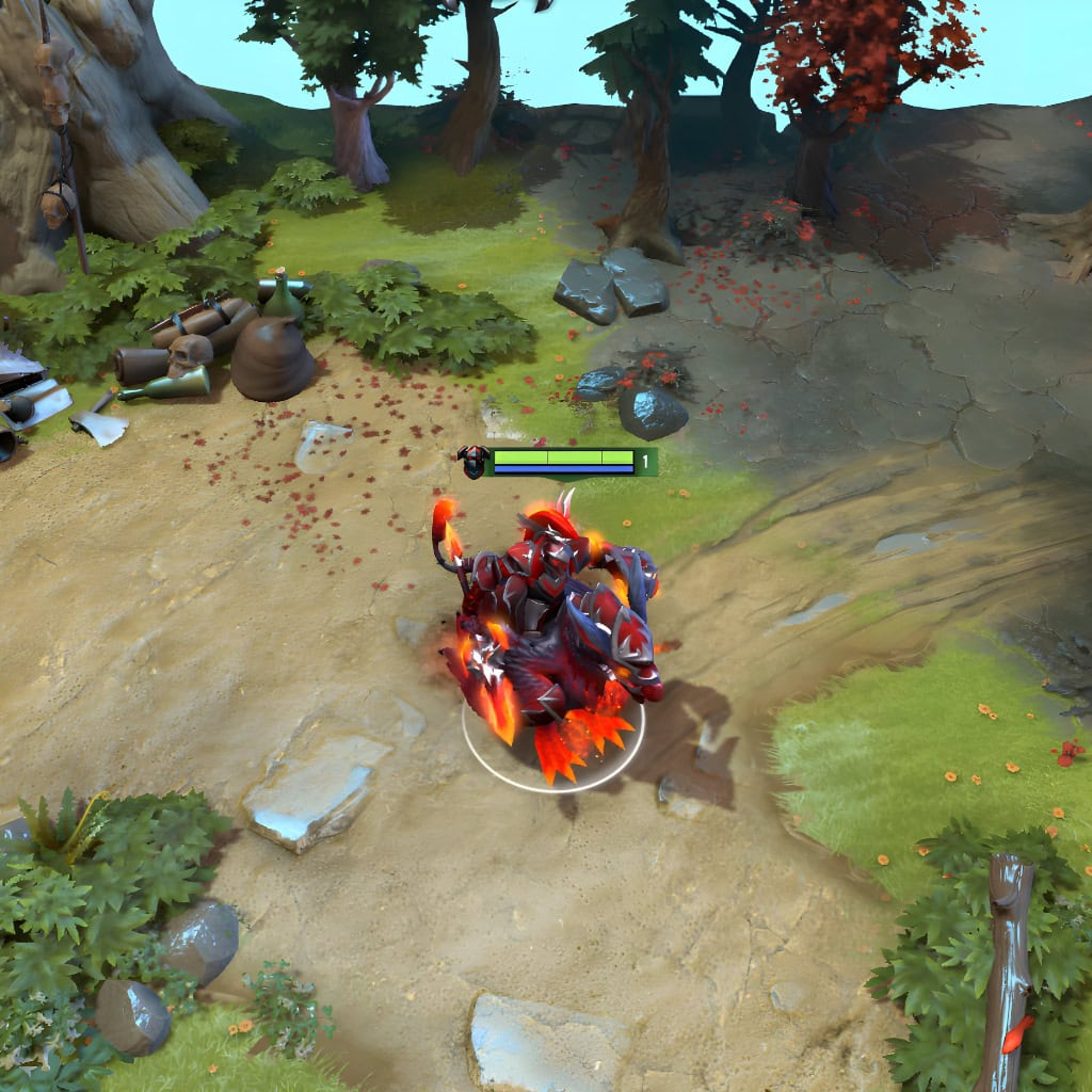 Gameplay screenshot showcasing the Talons of the Endless Storm set for Chaos Knight from The International 10 Collector's Cache II, highlighting his infernal avian steed, dark-forged armor, and blazing armaments in action.