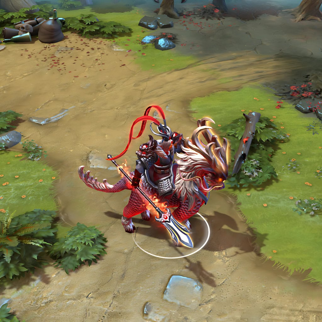 Chaos Knight shown in-game wearing the Wrath of the Celestial Sentinel set. The majestic Qilin mount with crimson scales and fiery mane, ornate dark armor with shoulder and gauntlet particle effects, and imposing horned visage are clearly visible, showcasing the set's full impact during gameplay.