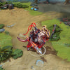 Chaos Knight shown in-game wearing the Wrath of the Celestial Sentinel set. The majestic Qilin mount with crimson scales and fiery mane, ornate dark armor with shoulder and gauntlet particle effects, and imposing horned visage are clearly visible, showcasing the set's full impact during gameplay.