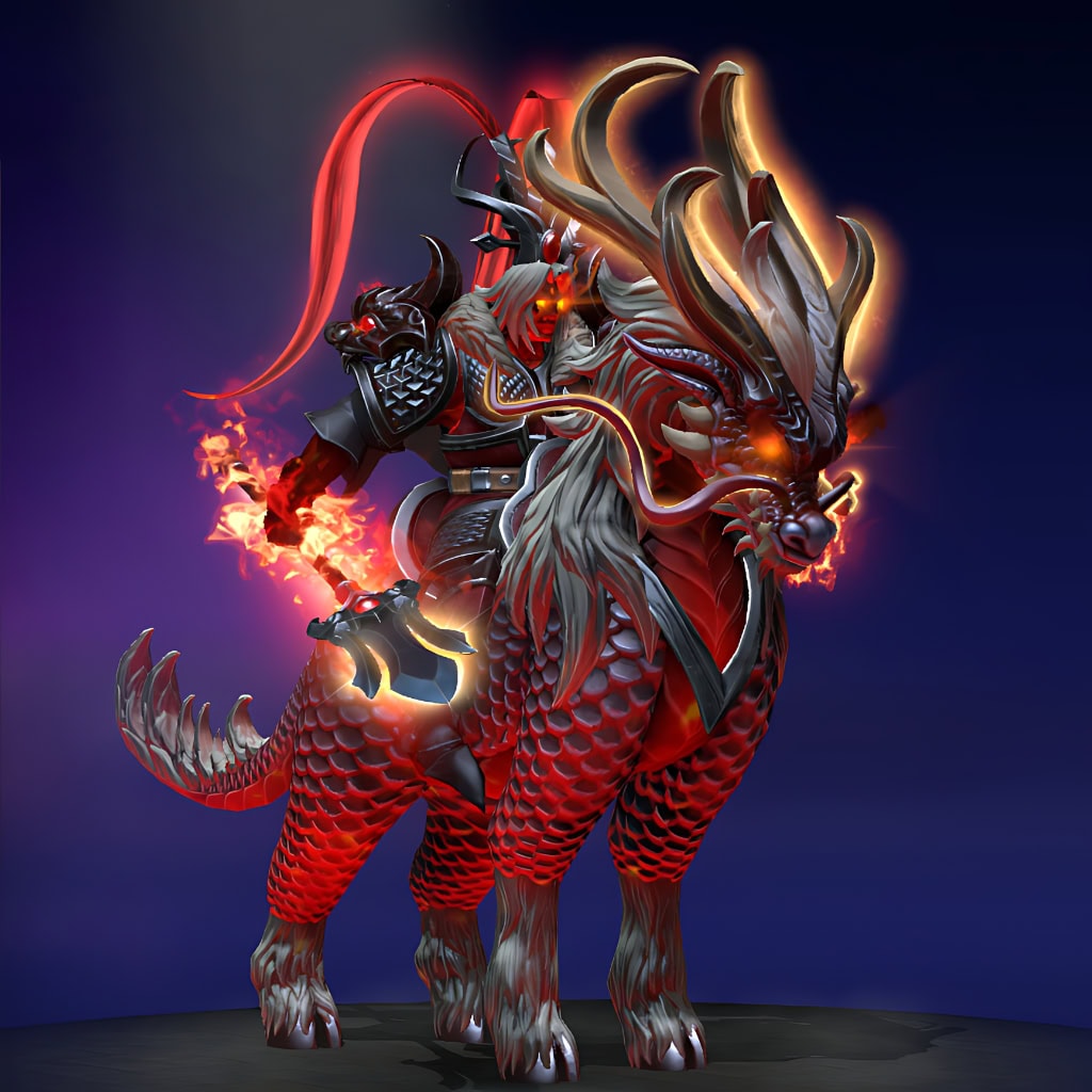 Chaos Knight's "Wrath of the Celestial Sentinel" Aghanim's 2021 Collector's Cache set. Features a majestic Qilin mount with crimson scales and fiery mane, ornate dark metallic armor with fiery particle effects, an imposing horned visage, and thematic weaponry.
