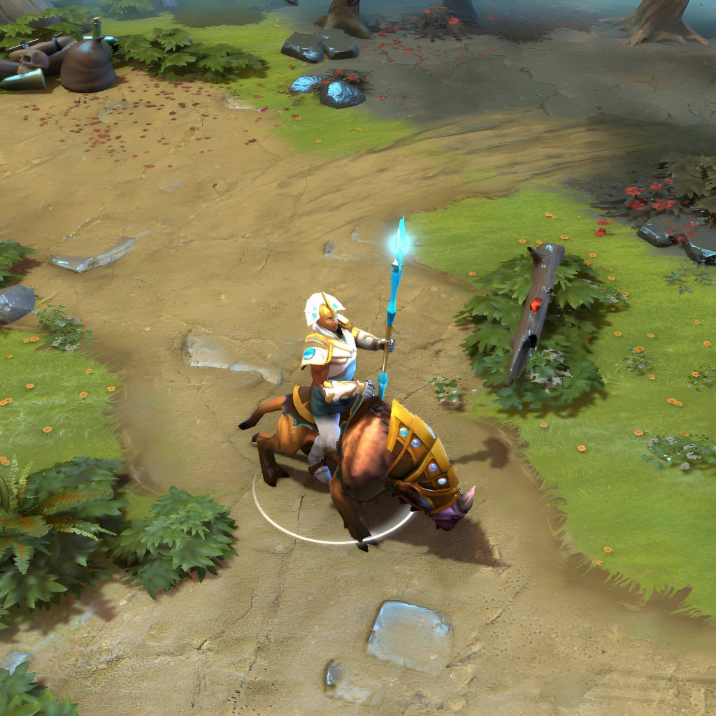 A gameplay screenshot of Chen's default model in Dota 2. This serves as a baseline to contrast with the enhanced in-game visuals, unique two-headed demonic hound mount, ornate dark inquisitor regalia, and powerful glowing blue scythe of the Hounds of Obsession cosmetic set.