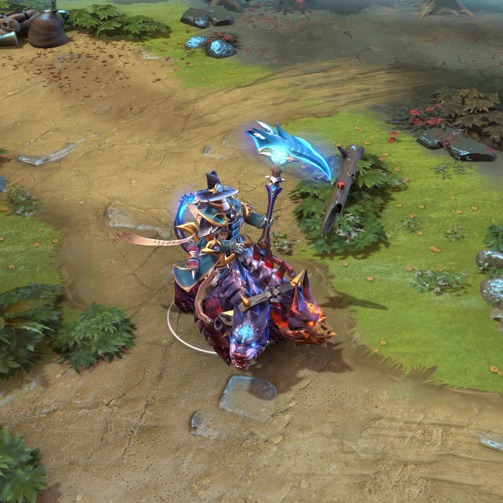 Chen shown in-game wearing the Hounds of Obsession set. The fearsome two-headed demonic hound mount with glowing blue eyes, ornate teal robes, burnished gold armor, wide sigil-etched hat, and the wicked, glowing blue scythe shimmering with mystical particle effects are clearly visible, showcasing the set's full commanding impact.