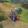 Chen shown in-game wearing the Hounds of Obsession set. The fearsome two-headed demonic hound mount with glowing blue eyes, ornate teal robes, burnished gold armor, wide sigil-etched hat, and the wicked, glowing blue scythe shimmering with mystical particle effects are clearly visible, showcasing the set's full commanding impact.