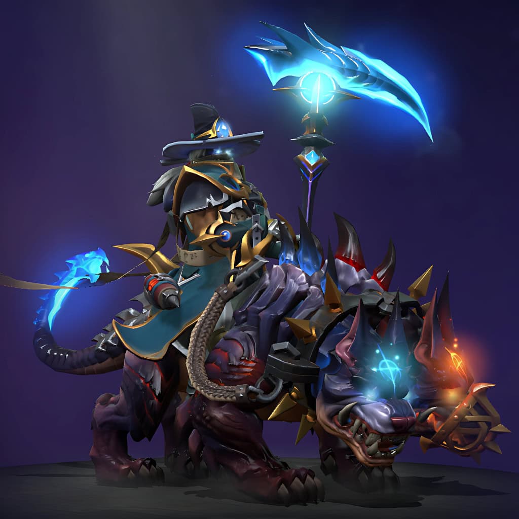 Chen's "Hounds of Obsession" Diretide 2022 Collector's Cache set. Transforms the Holy Knight into a figure of dark, commanding authority, featuring a fearsome two-headed demonic hound mount with glowing blue eyes, ornate teal robes, burnished gold armor, a wide, sigil-etched hat, and a wicked, glowing blue scythe.