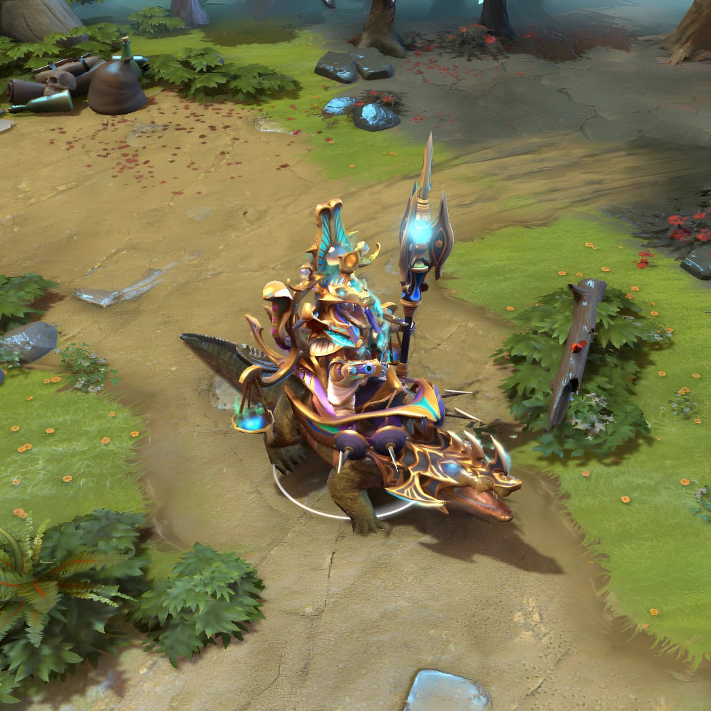Chen shown in-game wearing the Perils of the Red Banks set. The magnificent crocodilian mount with glowing azure eyes, Chen's resplendent golden armor with blue gemstone details, and the imposing scepter are clearly visible, showcasing the set's full impact during gameplay.