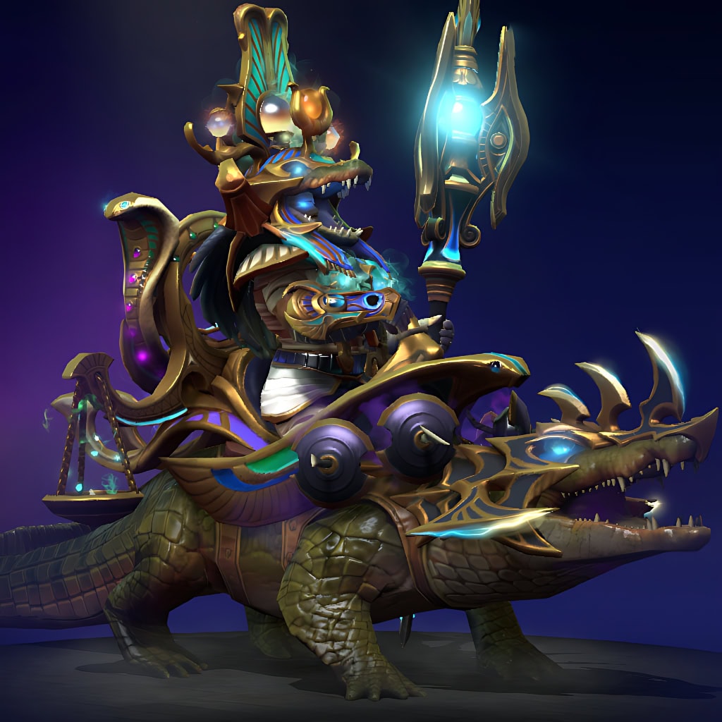 Chen's "Perils of the Red Banks" Aghanim's 2021 Collector's Cache set. Features a formidable crocodilian beast mount with glowing azure eyes, resplendent golden armor with luminous blue gemstones, and an imposing scepter with a scales of justice motif.