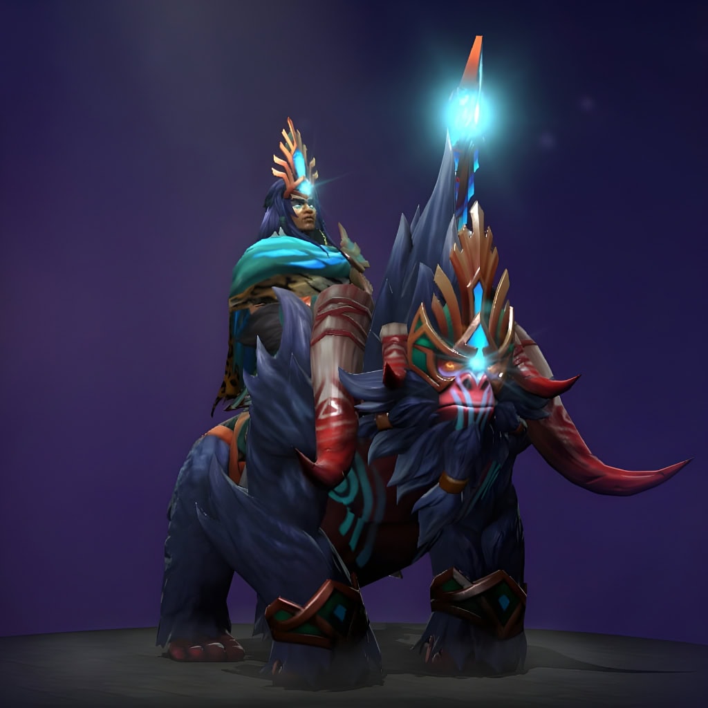 Chen's "Priest of the Proudsilver Clan" from The International 2019 Collector's Cache. He commands a majestic Proudsilver Mount, a formidable ape-like guardian with rich purple fur, tusks, and tribal armor. Chen himself wears ornate chieftain's attire with a striking headdress and wields a luminous sacred staff.
