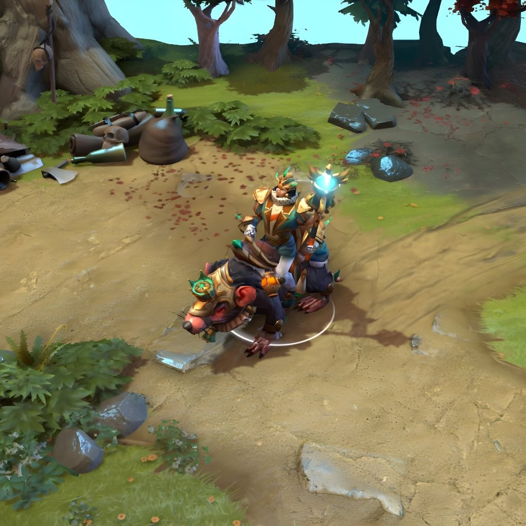 Chen in-game wearing "The Rat King" set from The International 2018 Collector's Cache II. The magnificent crowned rat mount, Chen's royal regalia, and the glowing Sovereign's Scepter create a standout presence in every match.