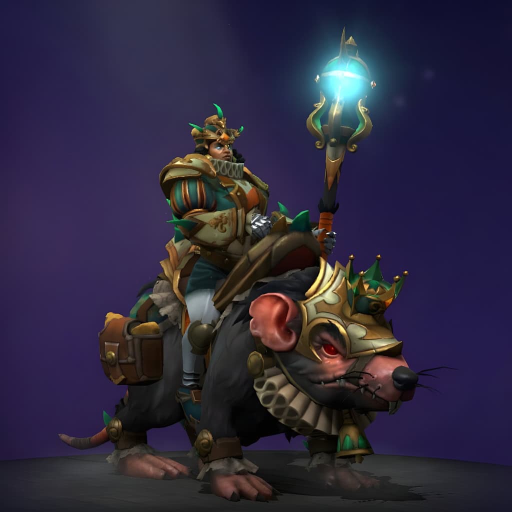 Chen's "The Rat King" The International 2018 Collector's Cache II set. This coveted cosmetic reimagines Chen as a mischievous sovereign. Features a unique crowned rat mount with glowing red eyes, opulent royal regalia, and The Sovereign's Scepter.