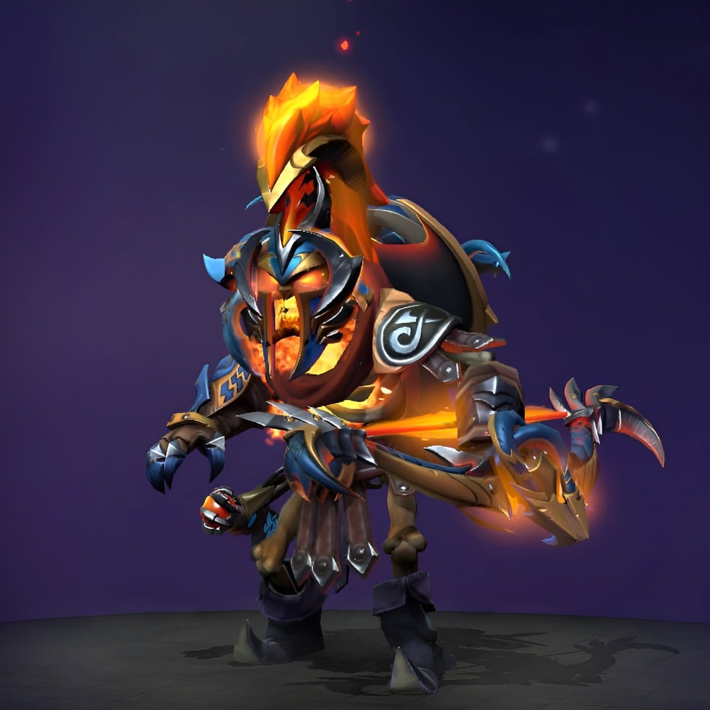 Clinkz's "Withering Pain" Diretide 2022 Collector's Cache II set. This Mythical cosmetic transforms the Bone Fletcher into a corrupted legionary. He wears heavy, centurion-like armor in rich blues and burnished gold, featuring a galea-style helmet crowned with a striking fiery plume and a face of molten rage with glowing eyes. His ornate chestplate is split to reveal a blazing infernal energy core, and he wields an exquisitely designed bow.