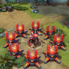 Clockwerk shown in-game wearing the Apex Automated set. The T-Rex helmet, articulated crimson and gunmetal gray armor, and integrated shoulder cannon with glowing orange accents are clearly visible. The custom, high-tech Power Cogs are also shown, completing the set's full impact during gameplay.