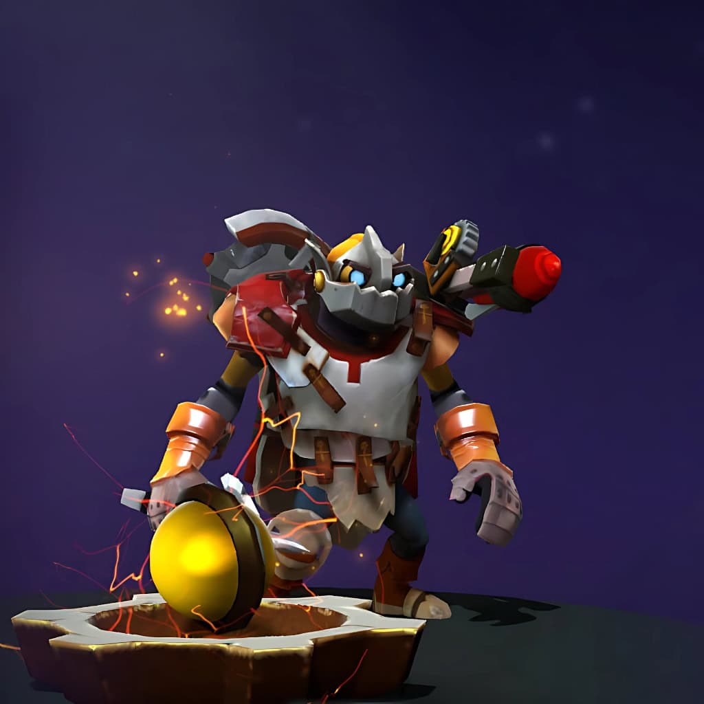 The default skin of Clockwerk, shown for comparison with the Seadog's Stash set. This highlights the transformation into a buccaneer lord, featuring full pirate regalia, a robotic parrot companion, and a molten anchor weapon.