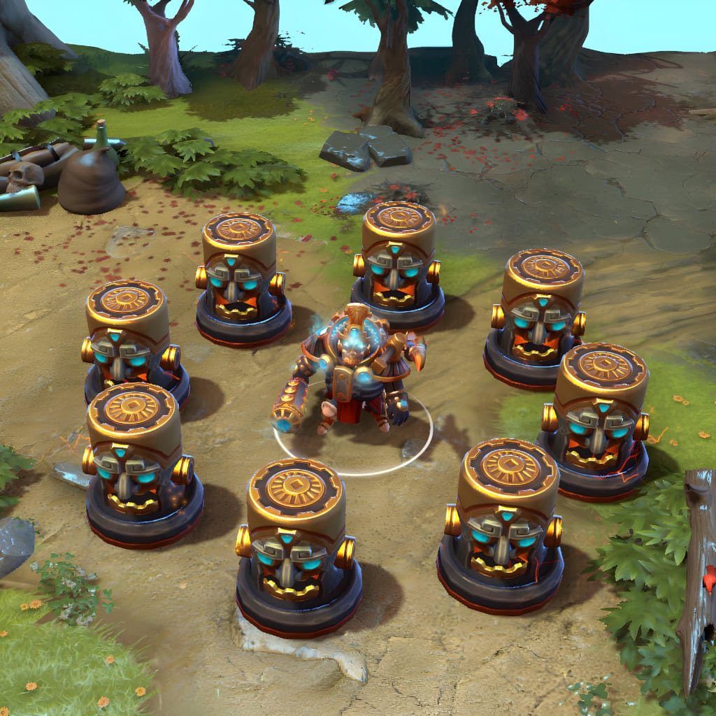 Clockwerk shown in-game wearing the Directive of the Sunbound set. The majestic Aztec-inspired golden helm, dark metal chassis with glowing blue conduits, his transformed Hookshot weapon, and the unique totem-like Power Cogs are clearly visible, showcasing the set's full impact during gameplay.
