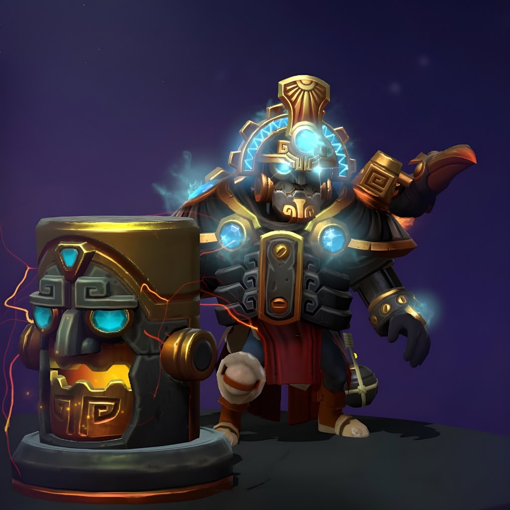 Clockwerk's "Directive of the Sunbound" from The International 2019 Collector's Cache 2. This Mythical set features a majestic, Aztec-inspired golden sun-disc helm with a sky-blue energy core. His chassis is dark metal with ornate gold trim, and his Hookshot weapon is transformed into a massive device with a carved, relic-like face.