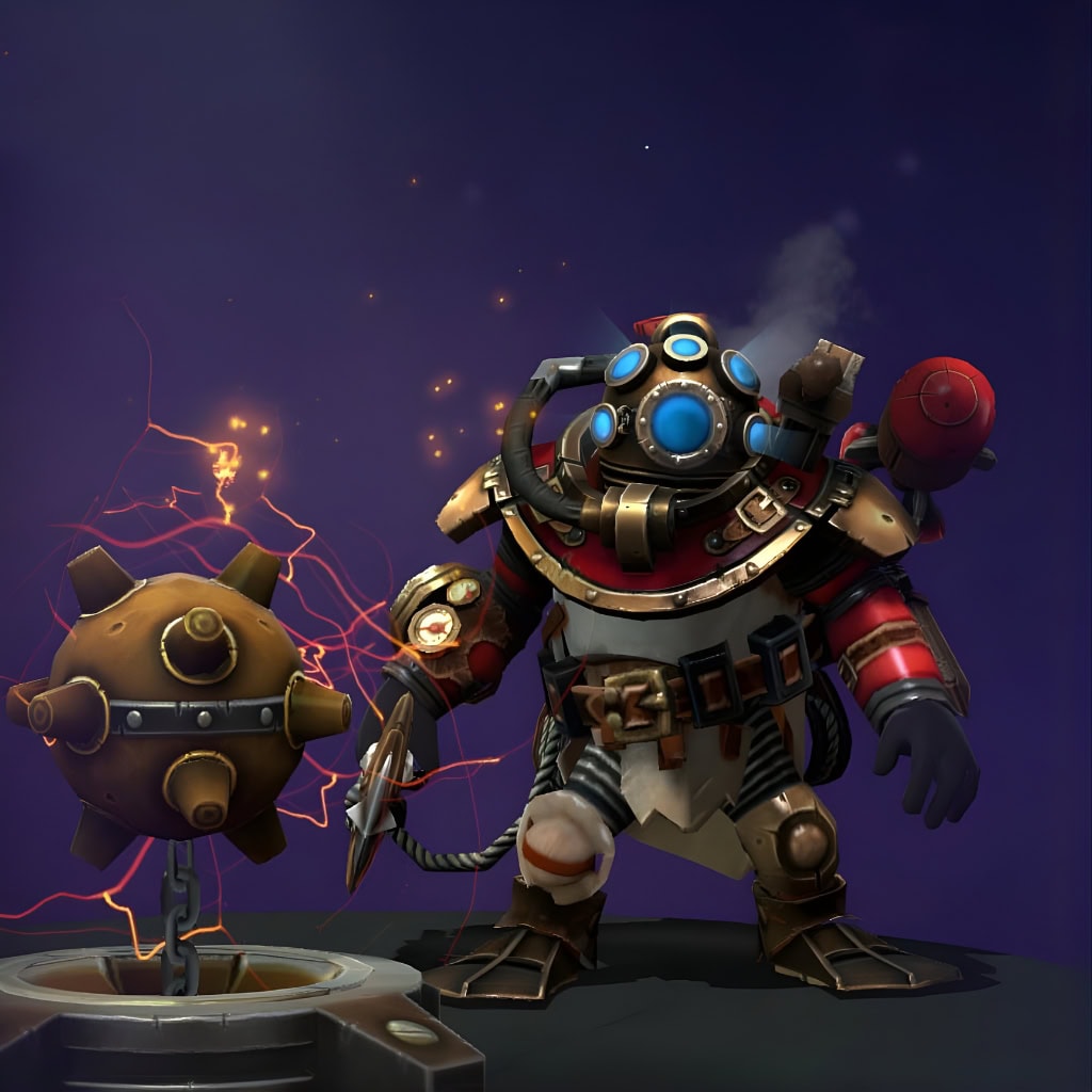 Clockwerk's "Pressure Regulator" Rare set from The International 2017 Collector's Cache. This skin reimagines him as a deep-sea juggernaut in a heavy-duty crimson and brass diving suit, with glowing azure viewports, a propeller backpack, and a custom naval mine Power Cog with sparking electrical effects. He is posed holding a harpoon against a dark background.