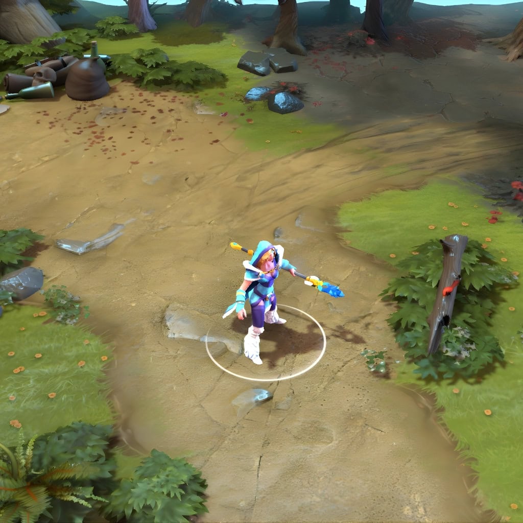 A gameplay screenshot of Crystal Maiden's default model in Dota 2. This serves as a baseline to contrast with the otherworldly elegance and commanding silhouette of the Glacial Gardens set, which features massive glowing crystal formations and a luminous weapon.