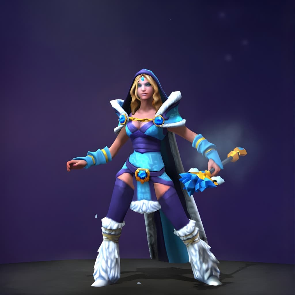 The default skin of Crystal Maiden, shown for comparison with the Glacial Gardens set. This highlights the transformation into a more regal and imposing figure, contrasting her standard robes with massive crystalline pauldrons, a glowing crown, and ornate, fur-lined vestments.