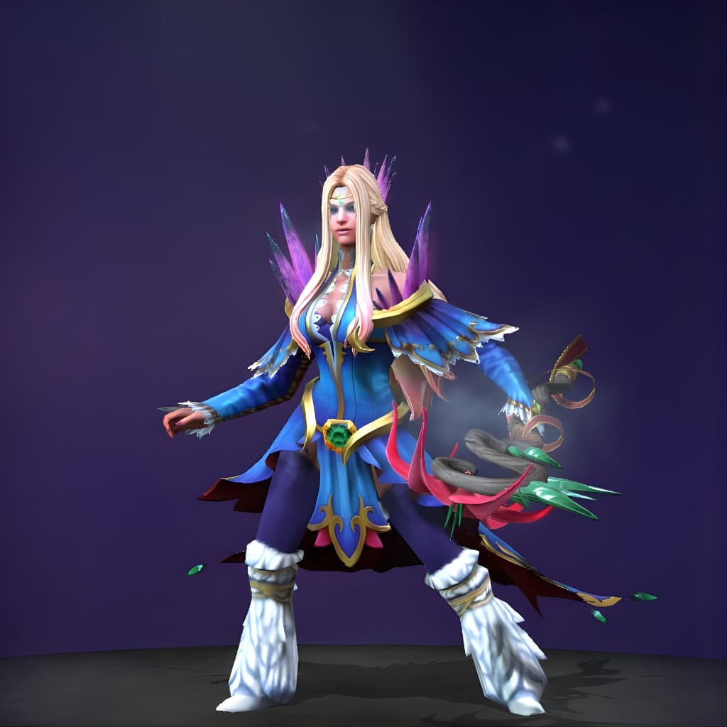 Crystal Maiden's "Glacial Gardens" Battle Pass set from the Nemestice 2021 Themed Treasure. Features an otherworldly elegance with a crystalline crown and pauldrons of glowing purple ice, deep blue gold-trimmed robes with white fur lining, and a luminous staff topped with radiant crystals and floral accents.