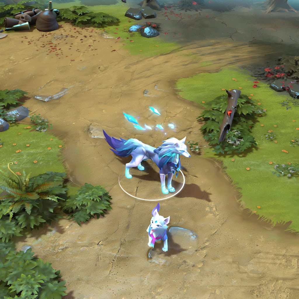 A gameplay screenshot of Crystal Maiden's default Wolf Persona model in Dota 2. This serves as a baseline to contrast with the enhanced in-game visuals and unique celestial aesthetic of the Narwolf Nebula cosmetic set.