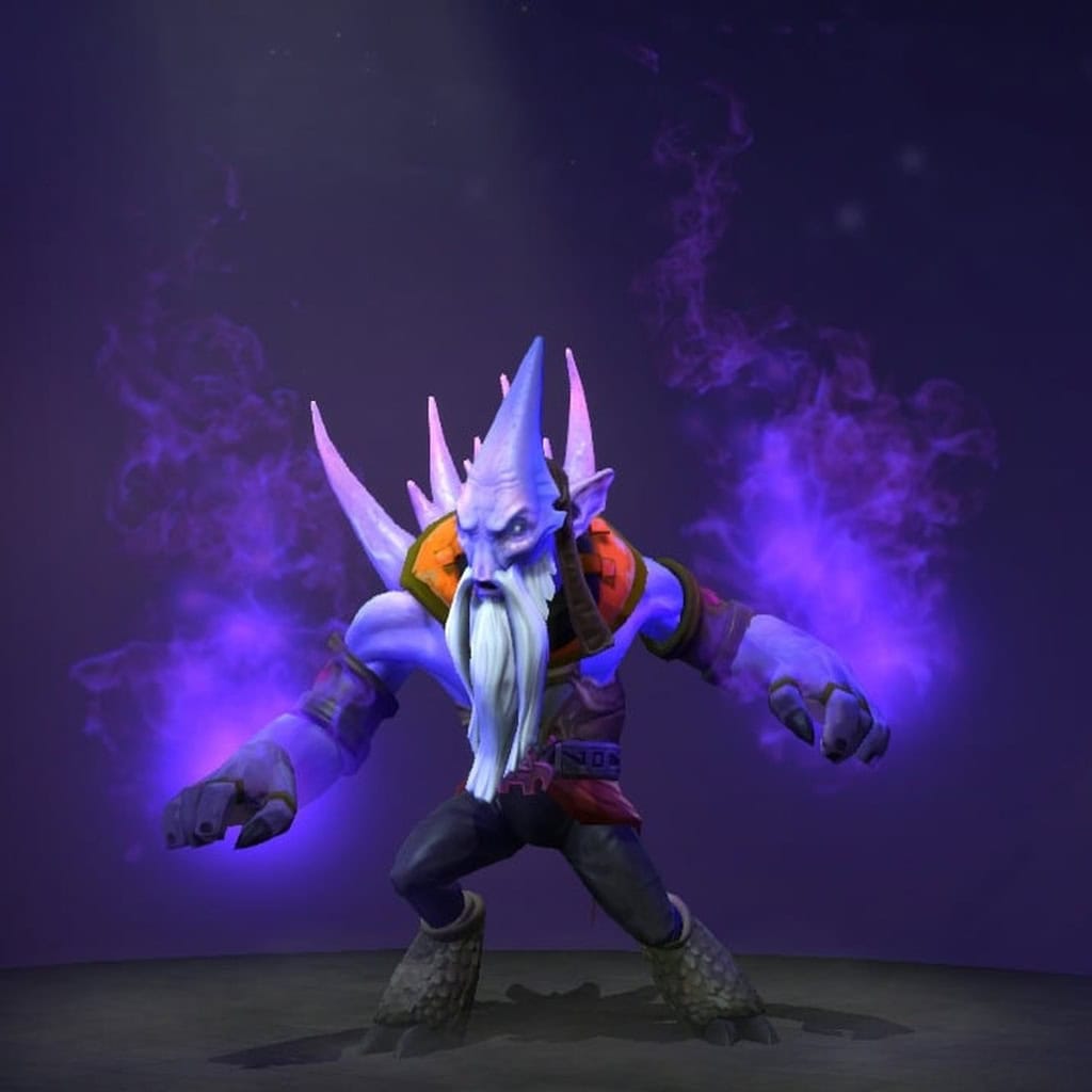 The default skin of Dark Seer, shown for comparison with the Insights of the Sapphire Shroud set. This highlights the transformation into a psychedelic fungal being with glowing growths, crystalline plates, and a unique purple smoky aura.