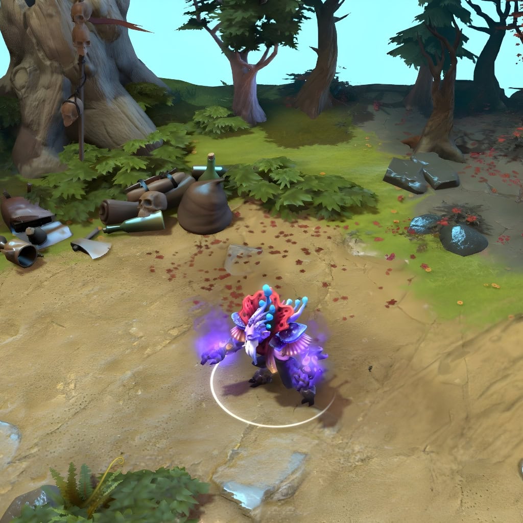 Dark Seer shown in-game wearing the Insights of the Sapphire Shroud set. His psychedelic fungal theme, vibrant glowing mushroom-like growths, and distinctive dark purple smoky aura are clearly visible, making him an unforgettable and magnificent enigma.