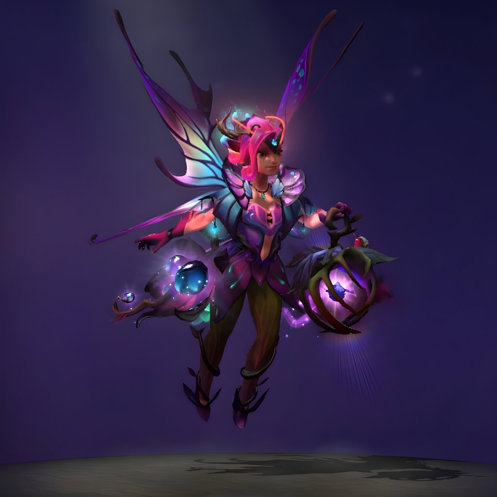 Dark Willow's "Allure of the Faeshade Flower" from The International 2019 Collector's Cache. This Mythical set features ethereal Faeshade Wings in twilight hues, an enchanted floral headdress over her vibrant pink hair, a glowing wisp lantern casting a violet glow, and intricate fae-woven garments.