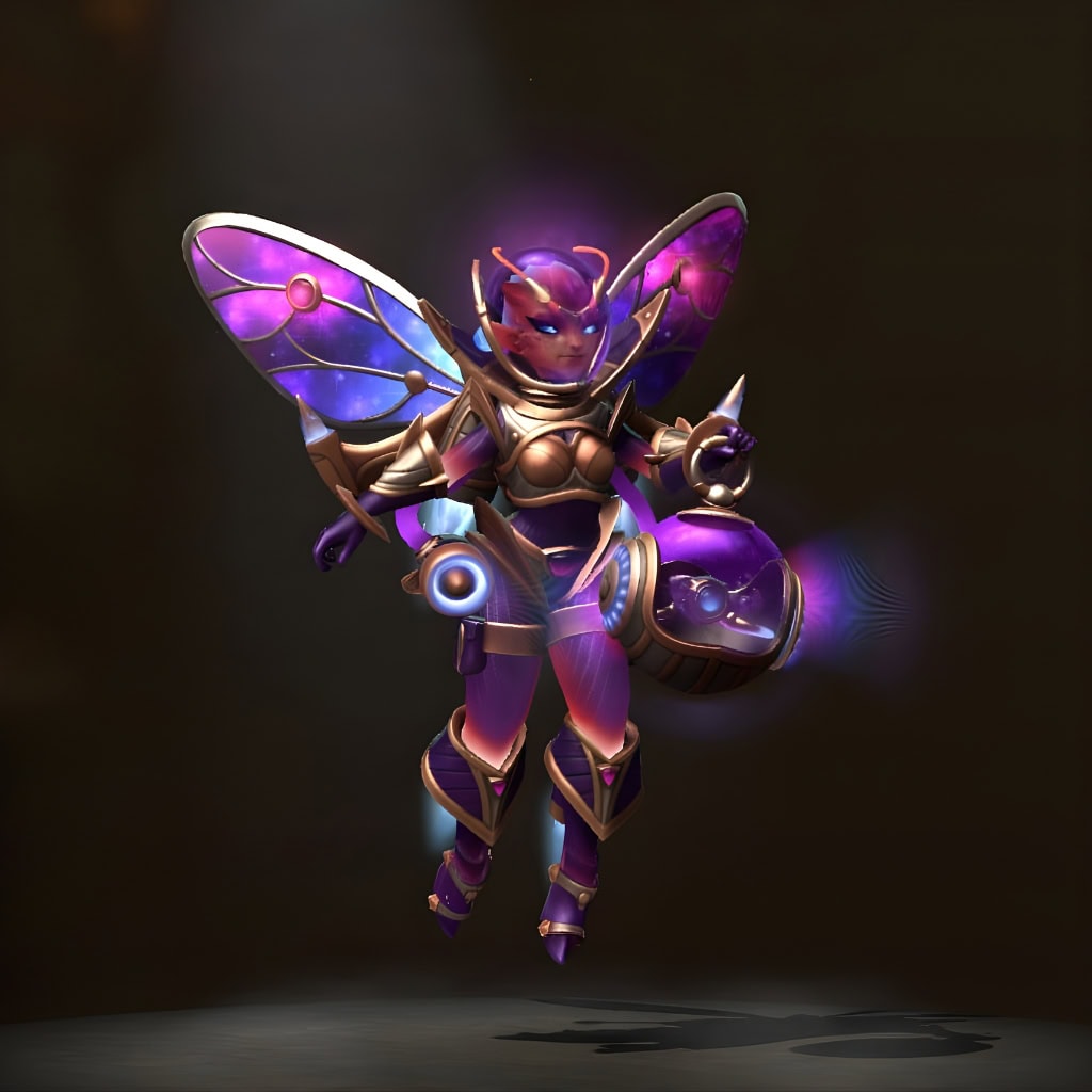 Ardalan Arsonist set for Dark Willow from the Winter 2024 Heroes Hoard. This Dota 2 skin features gilded armor with purple accents, shimmering galaxy-patterned insect wings, and a glowing purple lantern.