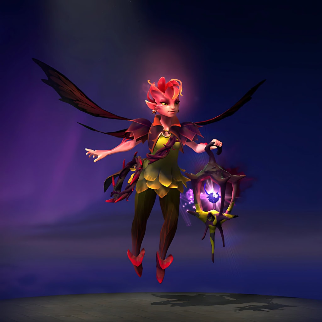 The default skin of Dark Willow, shown for comparison with the Twilight Hex set. This highlights the complete thematic reinvention from a mischievous fey to a classic witch of old-world lore with a stunning new silhouette.