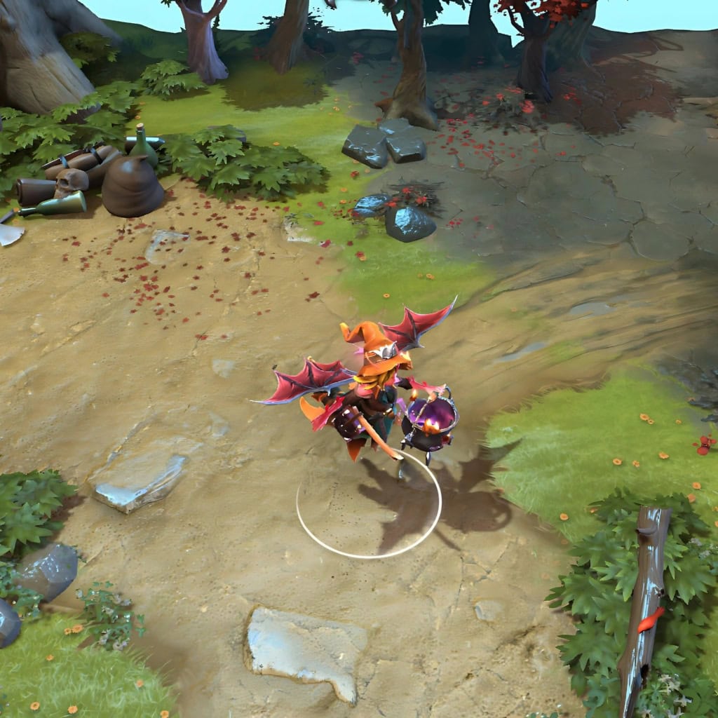 Dark Willow shown in-game wearing the Twilight Hex set. The leathery bat-like wings, the bubbling enchanted cauldron containing Jex, and the autumnal witch's regalia are clearly visible, showcasing the set's full thematic impact.
