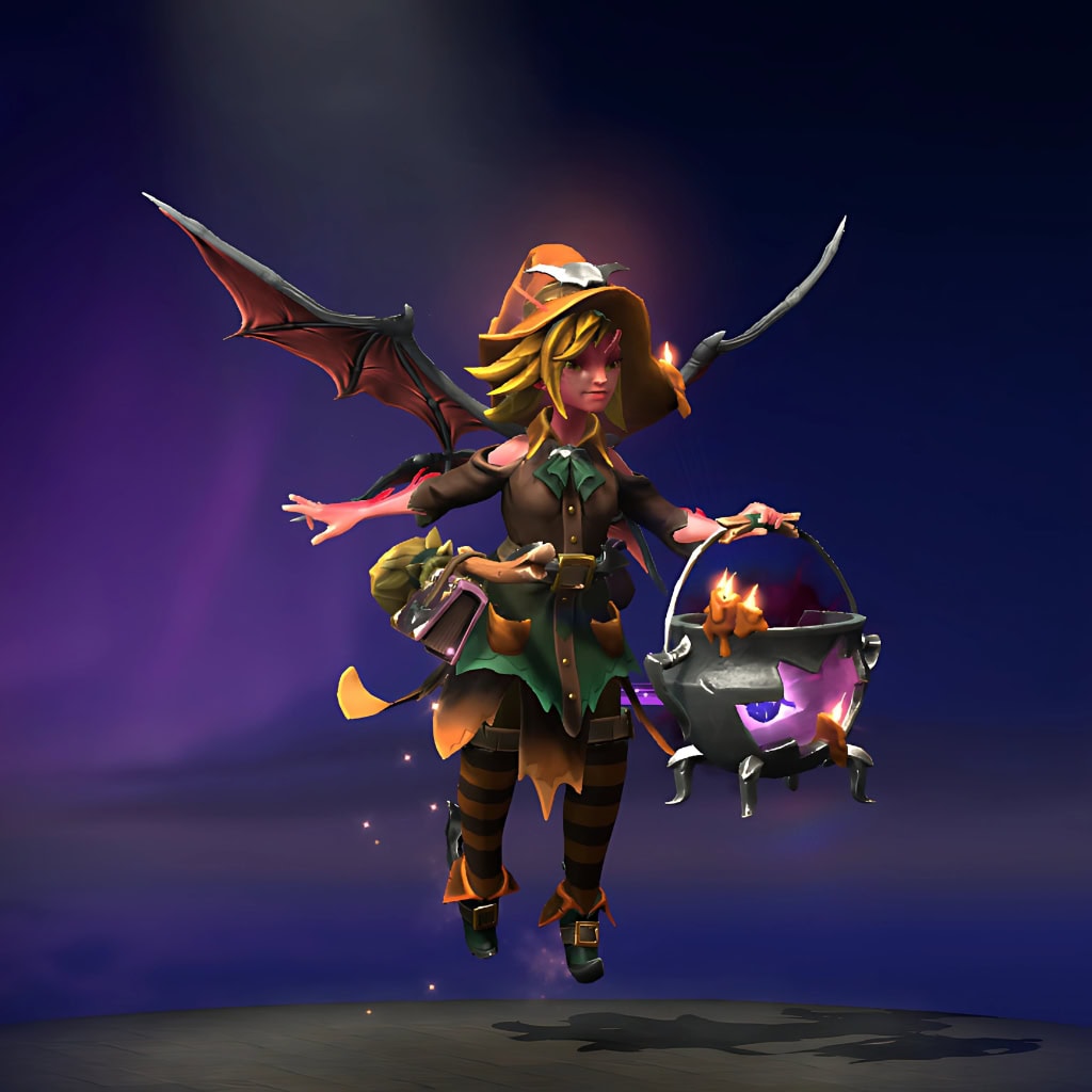 Dark Willow's "Twilight Hex" Nemestice Collector's Cache 2021 set. Reimagines the hero as a classic witch, featuring leathery bat-like wings, Jex inside an enchanted cauldron, a witch's broom, and a full autumnal regalia outfit.