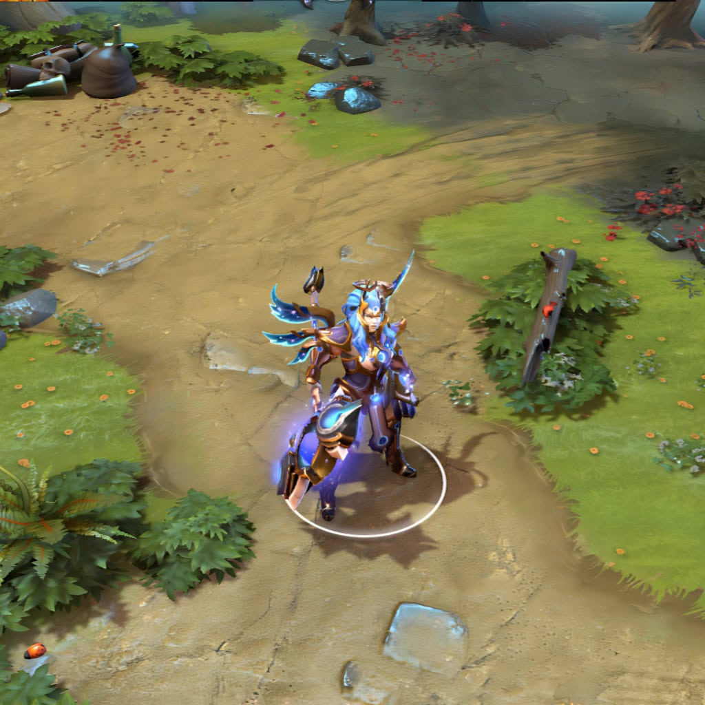 Dawnbreaker shown in-game wearing the Astral Herald set. Her intricate gold and dark blue armor, ethereal blue-feathered wings, and the massive, glowing celestial hammer are clearly visible, showcasing the set's full impact and unique effects during a Dota 2 match.
