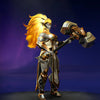 The default skin of Dawnbreaker, shown for comparison with the Astral Herald set. This highlights the dramatic transformation into a celestial warrior, emphasizing the intricate gold and dark blue armor, ethereal blue wings, and glowing cosmic hammer of this exclusive Summer 2023 Collector's Cache skin.