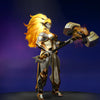 The default skin of Dawnbreaker, shown for comparison with the Perception of the First Light set. This highlights the transformation into an ethereal and commanding celestial authority, featuring ornate golden and white armor with glowing blue accents and a luminous hammer.