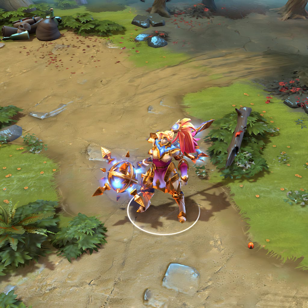 Dawnbreaker shown in-game wearing the Perception of the First Light set. The ornate golden and white armor with glowing blue accents, celestial hammer, and striking crimson hair are clearly visible, showcasing the set's full impact during gameplay.