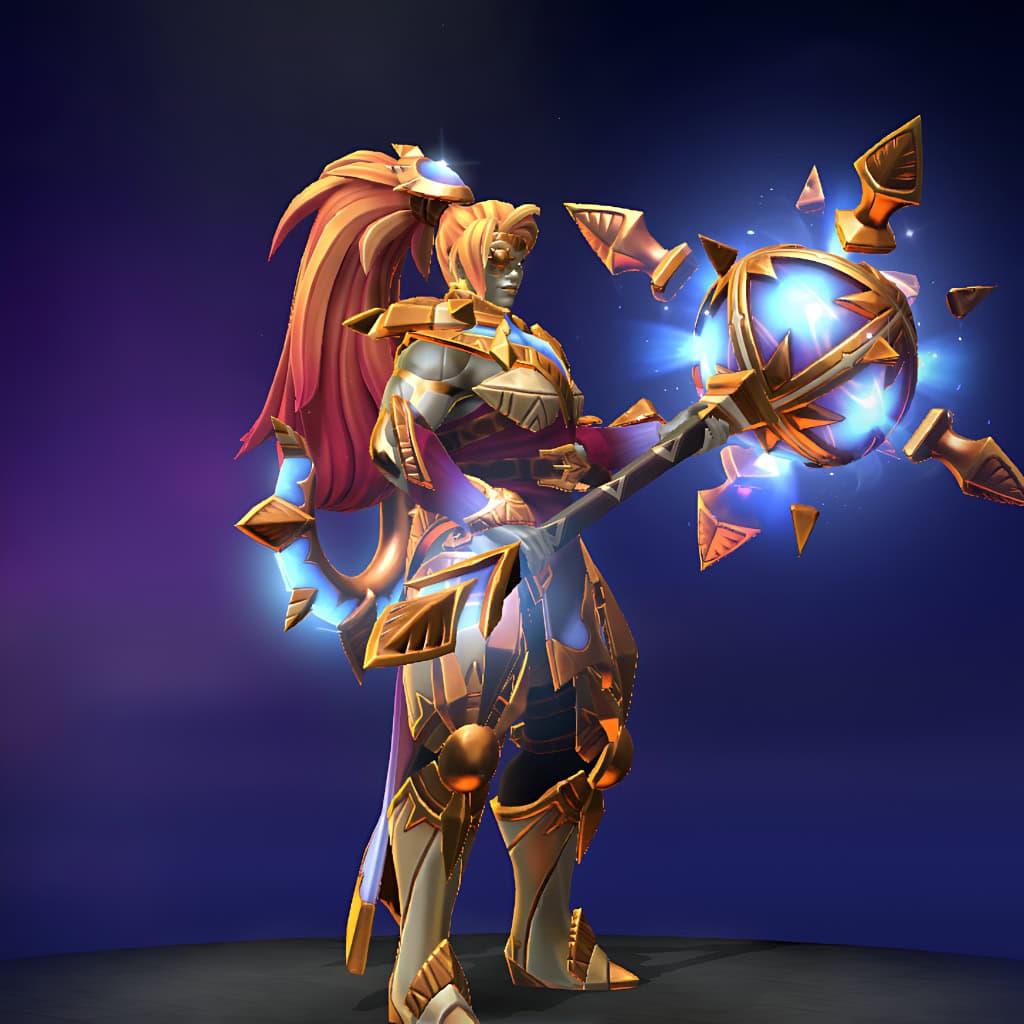 Dawnbreaker's "Perception of the First Light" Aghanim's 2021 Collector's Cache set. Adorned in ornate golden and pristine white armor, illuminated by subtle, glowing blue accents. Features a magnificent celestial hammer, flowing crimson hair, and a celestial headdress.