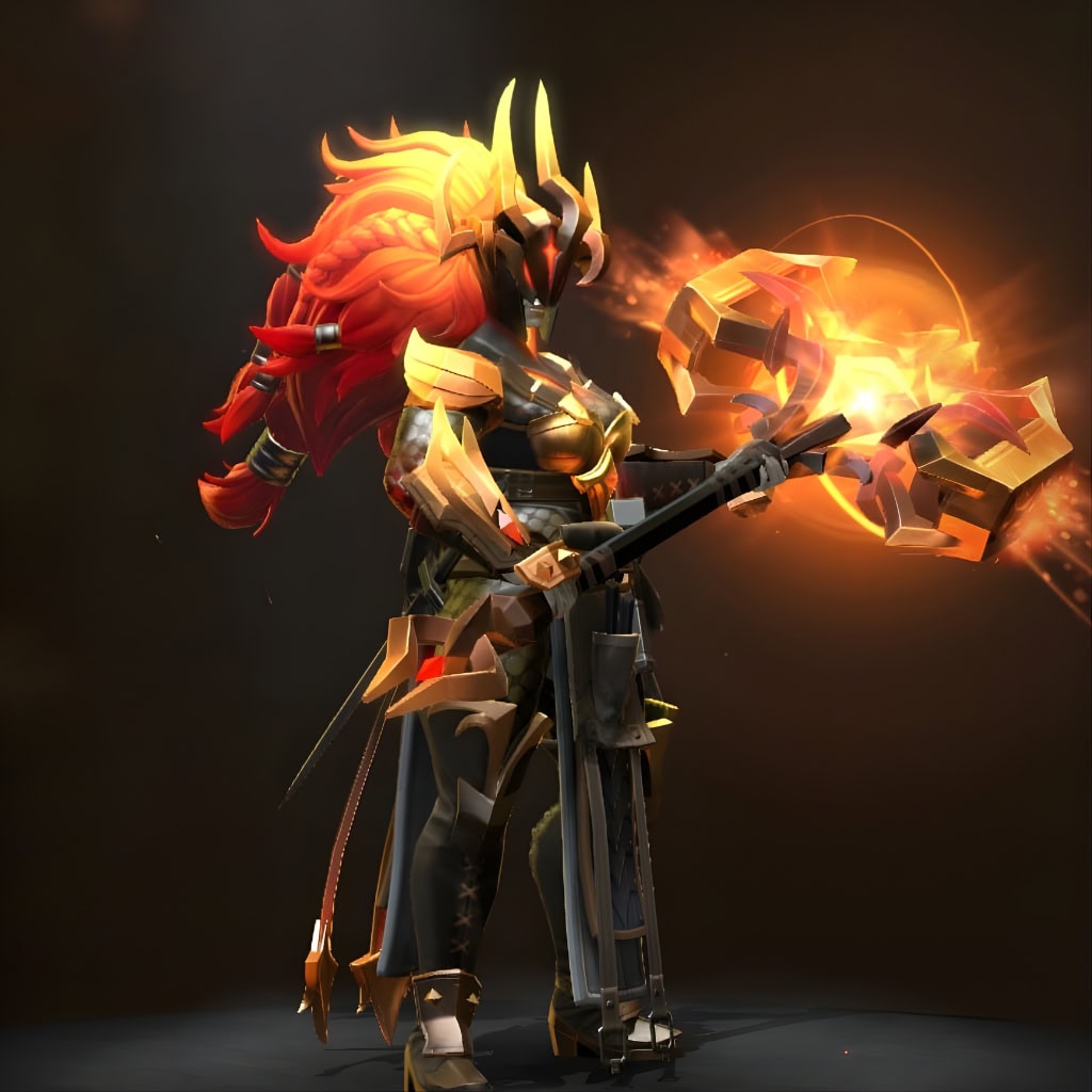 Starforge Reformer set for Dawnbreaker from the Winter 2024 Heroes Hoard. This Dota 2 skin features dark metallic and gold armor, fiery glowing hair, and a blazing hammer with solar energy effects.