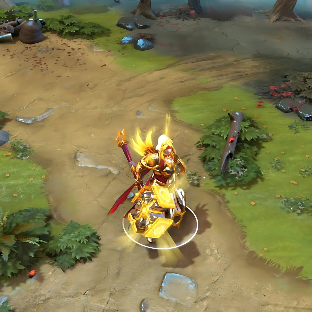 Dawnbreaker shown in-game wearing the Starlorn Adjudicator set. The ornate celestial plate armor, radiant feathered golden wings, and massive sun-forged hammer crowned with a glowing solar emblem are clearly visible, showcasing the set's full divine impact.