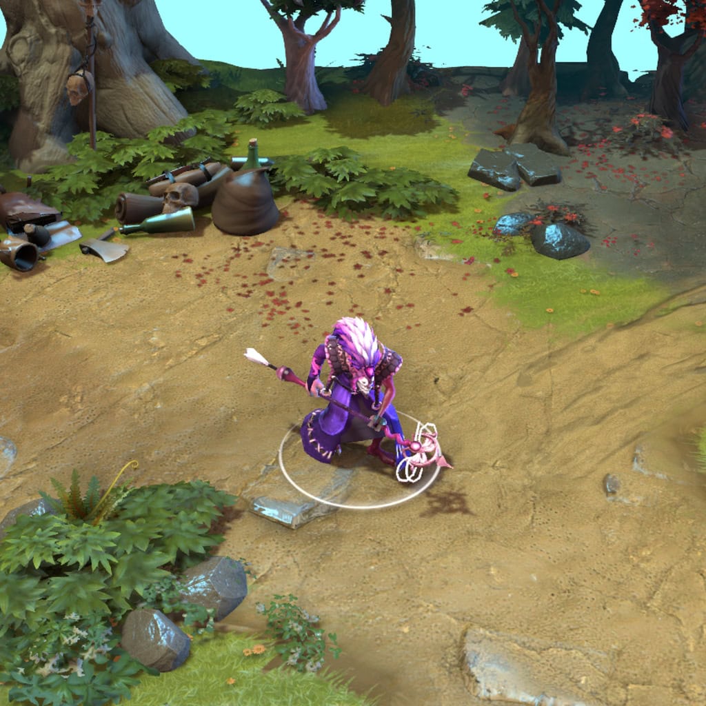 A gameplay screenshot of Dazzle's default model in Dota 2. This serves as a baseline to contrast with the enhanced in-game visuals, unique tribal aesthetic, and living chameleon familiar of the Forbidden Medicine cosmetic set.