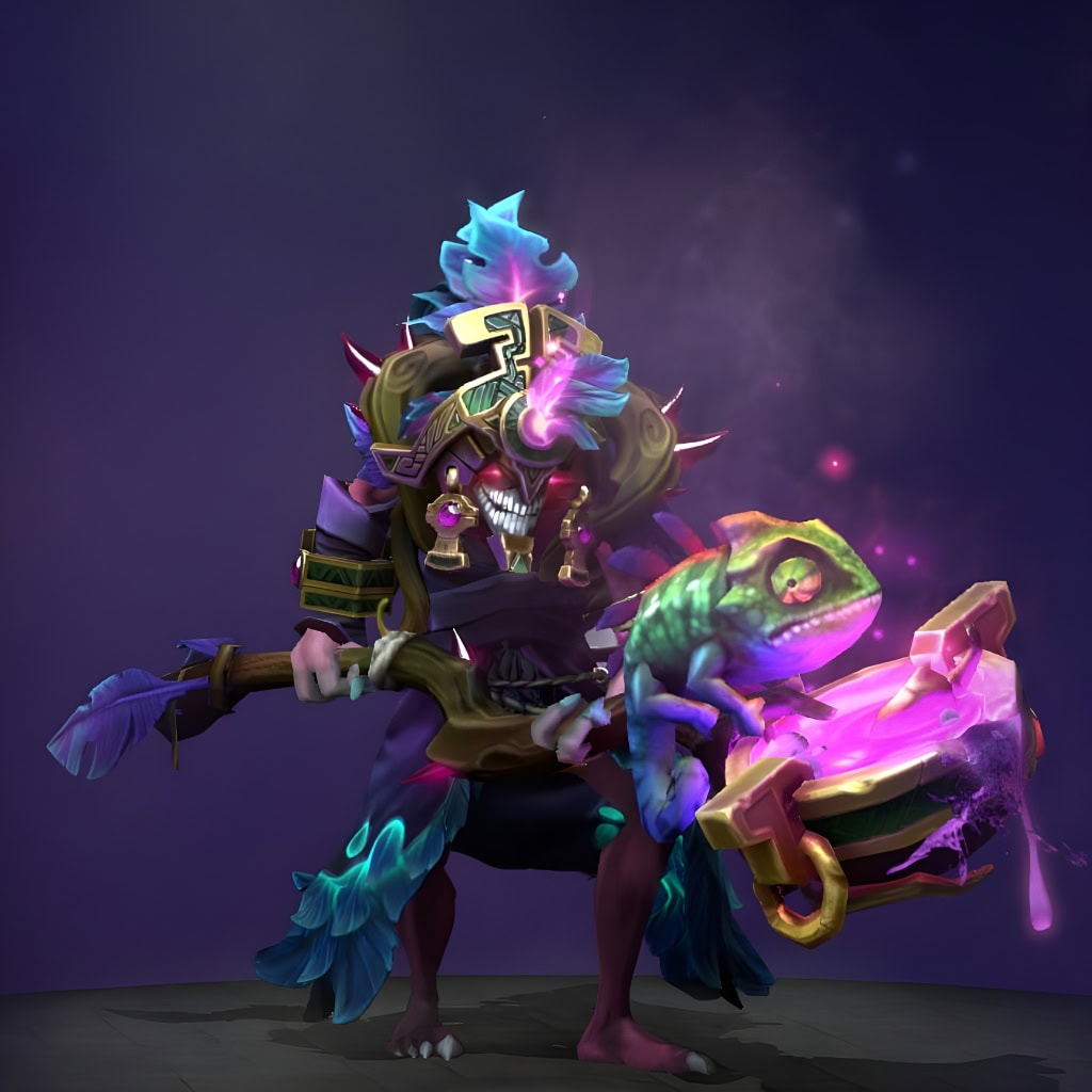 Dazzle's "Forbidden Medicine" from The International 2019 Collector's Cache. This Mythical set features an intricate shamanistic headdress with glowing gems and a mysterious visage. He wields a staff cradling a bubbling purple brew, attended by a living chameleon familiar, and wears ornate tribal garments with glowing teal patterns.