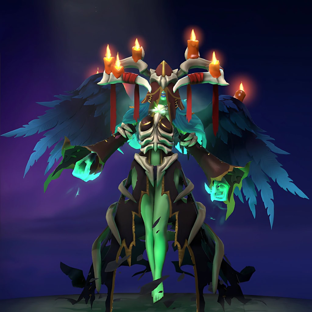 The "Darkwood Eulogy" set from Dota 2's Summer 2023 Collector's Cache wraps Death Prophet in ancient mystery. It features an intricate skeletal visage, ribcage glowing with eerie spectral green energy, dark flowing robes, majestic raven-like wings, and a unique headpiece adorned with flickering candles, ensuring a captivating and haunting presence.