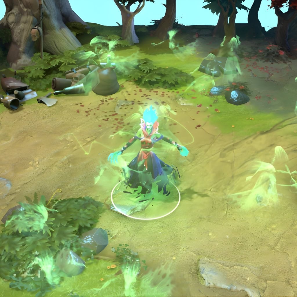 A gameplay screenshot of Death Prophet's default model in Dota 2. This serves as a baseline to contrast with the unique presence and stunning aquatic fury of the custom spectral sharks unleashed by the Eternal Testament set's Exorcism ultimate.