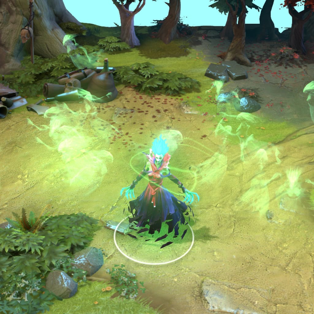 A gameplay screenshot of Death Prophet's default model in Dota 2. This serves as a baseline to contrast with the enhanced in-game visuals, unique peacock-inspired aesthetic, and ethereal glowing effects of the Soul of the Brightshroud cosmetic set.