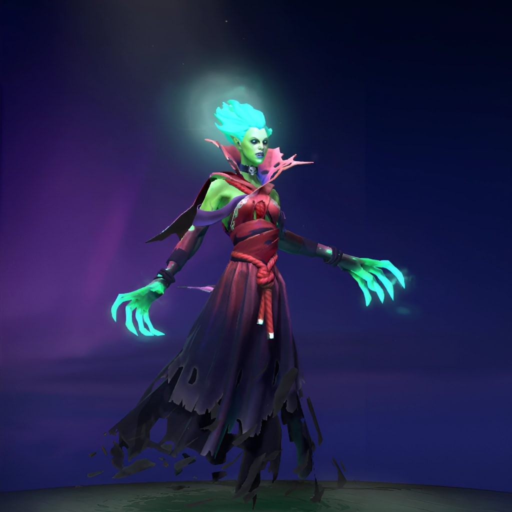 The default skin of Death Prophet, shown for comparison with the Darkwood Eulogy set. This highlights the transformation into an aura of ancient mystery, emphasizing the skeletal visage, spectral green glow, majestic raven wings, and candle-adorned headpiece of this exclusive Summer 2023 Collector's Cache skin.