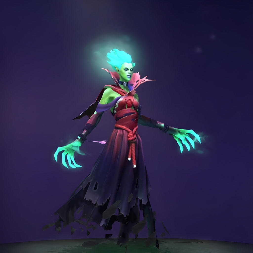 The default skin of Death Prophet, shown for comparison with the Soul of the Brightshroud set. This highlights the transformation into a figure of haunting beauty with spectral peacock regalia, an ethereal gown, luminous headdress, and ghostly green energy effects, redefining her aesthetic.