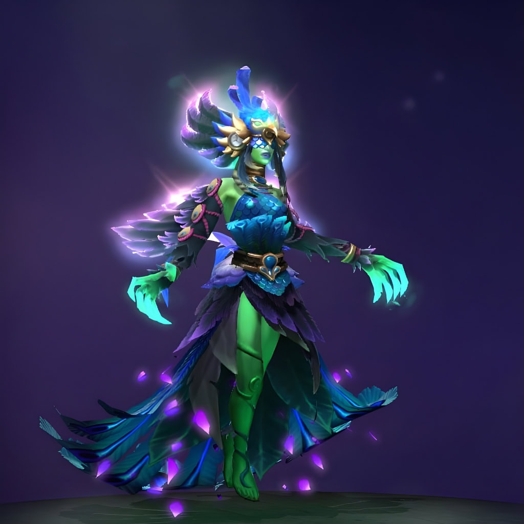 Death Prophet's "Soul of the Brightshroud" from The International 2019 Collector's Cache. This Mythical set, originally "Peacock Priest," drapes Krobelus in spectral peacock regalia: an ethereal gown of deep teals, blues, and purples with feather-like textures. A luminous, ornate headdress radiates otherworldly energy, and ghostly green energy glows from her hands.