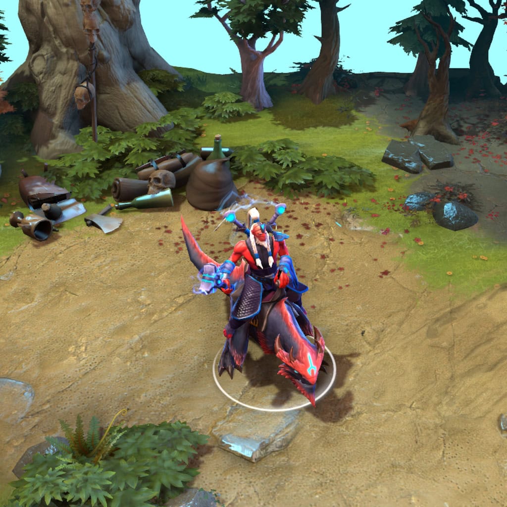 A gameplay screenshot of Disruptor's default model and mount in Dota 2. This serves as a baseline to contrast with the enhanced in-game visuals, unique ancient aesthetic, and majestic saurian beast mount of the Defender of Ruin cosmetic set.