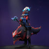 The default skin of Disruptor and his mount, shown for comparison with the Defender of Ruin set. This highlights the transformation into a breathtaking spectacle mounted on a majestic saurian beast, with vibrant scales, formidable tusks, feathered crests, and ornate tribal regalia.