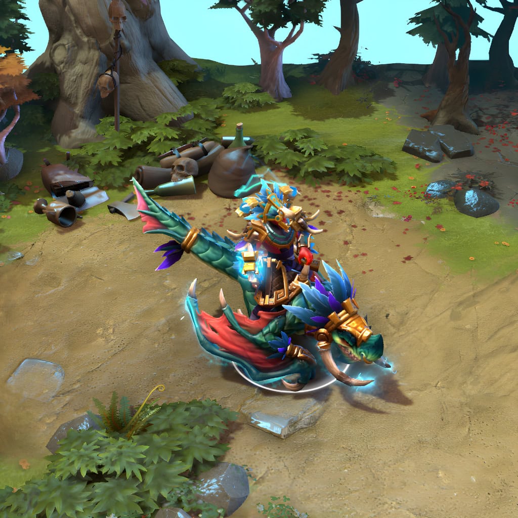 Disruptor shown in-game wearing the Defender of Ruin set. Mounted on his majestic saurian beast with vibrant scales and tusks, Disruptor's intricately carved golden armor, magnificent feathered headdress, and subtle blue energy are clearly visible, showcasing the set's full impact.