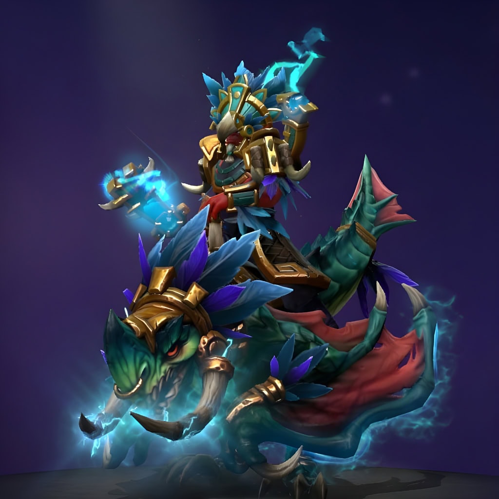 Disruptor's "Defender of Ruin" from The International 2019 Collector's Cache. This set transforms the Stormcrafter into an ancient spectacle mounted on a majestic saurian beast. It features vibrant teal and green scales, formidable ivory tusks, and feathered crests. Disruptor wears intricately carved golden armor and a magnificent feathered headdress with subtle blue energy.